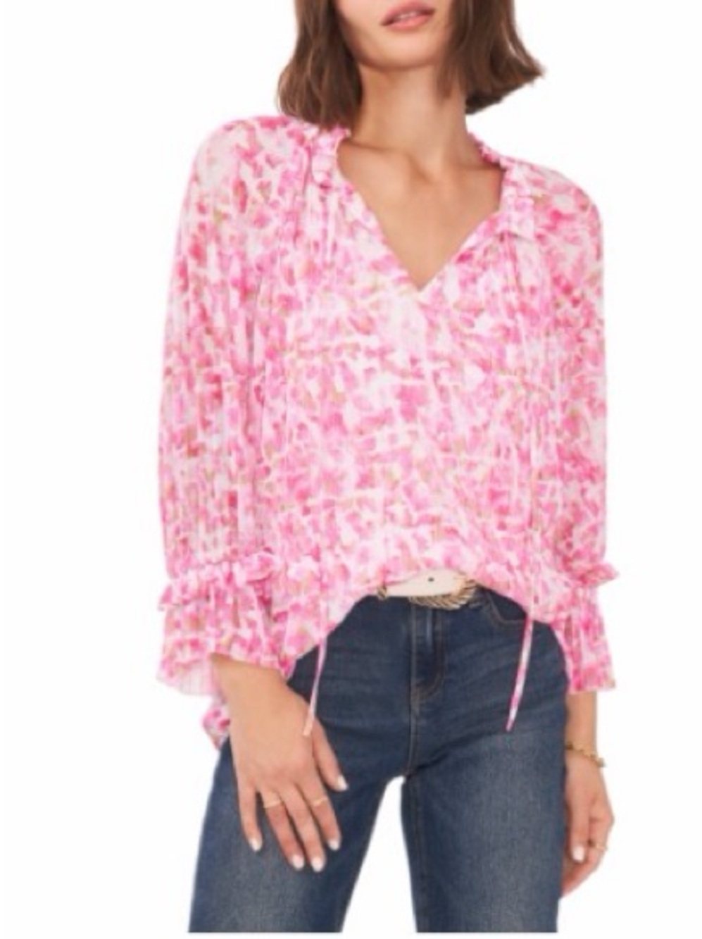 Vince Camuto Pink Floral Tie-Neck Ruffle Blouse